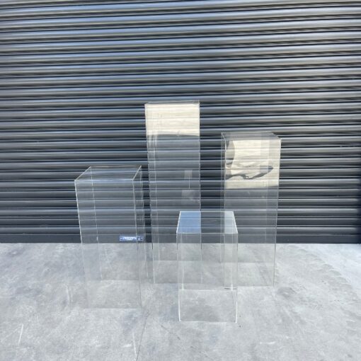 Clear square plinths - stands and tables for hire from SP Events Sydney.