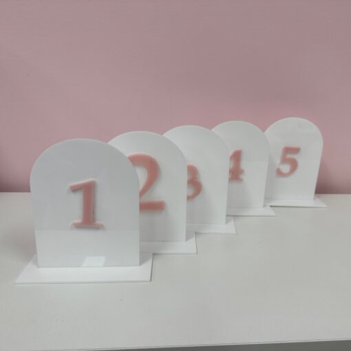 Table Numbers - White arch with pink numbers available for hire from SP Events.